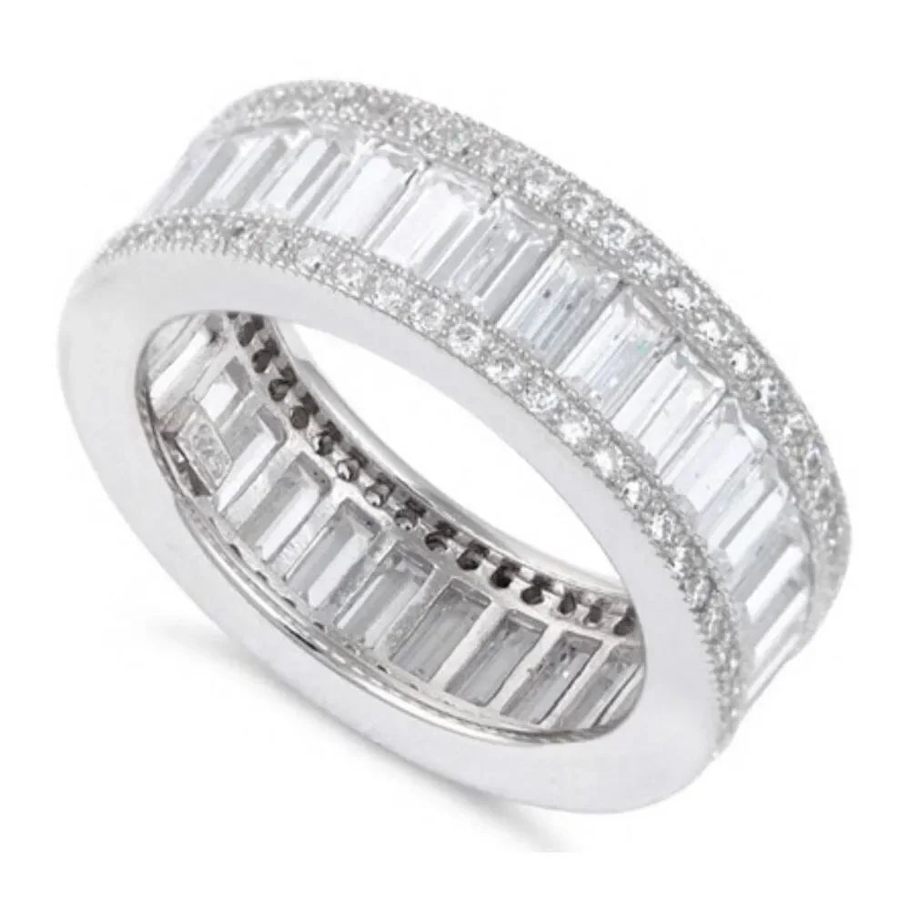 Sterling Silver Emerald Cut Eternity Pave CZ Ring New